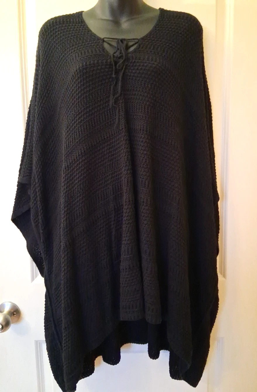 Lauren Ralph Lauren Black Crochet Knit Linen Cotton Poncho Boxy Lagenlook L/XL