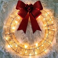 50cm Large Pre-Lit Outdoor Christmas Wreath with LED Lights, Bows Decoration
