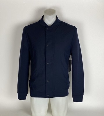 New Perry Ellis Mens Dark Sapphire Blue Motion Snap Bomber Jacket SZ M