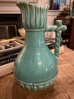 Vintage McCoy Signed Turquoise Crackle Pitcher Twisted Handle Art Pottery MCM