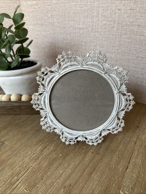 Cynthia Rowley White Metal Lace Filigree Round Picture Frame, 4x4 Photo