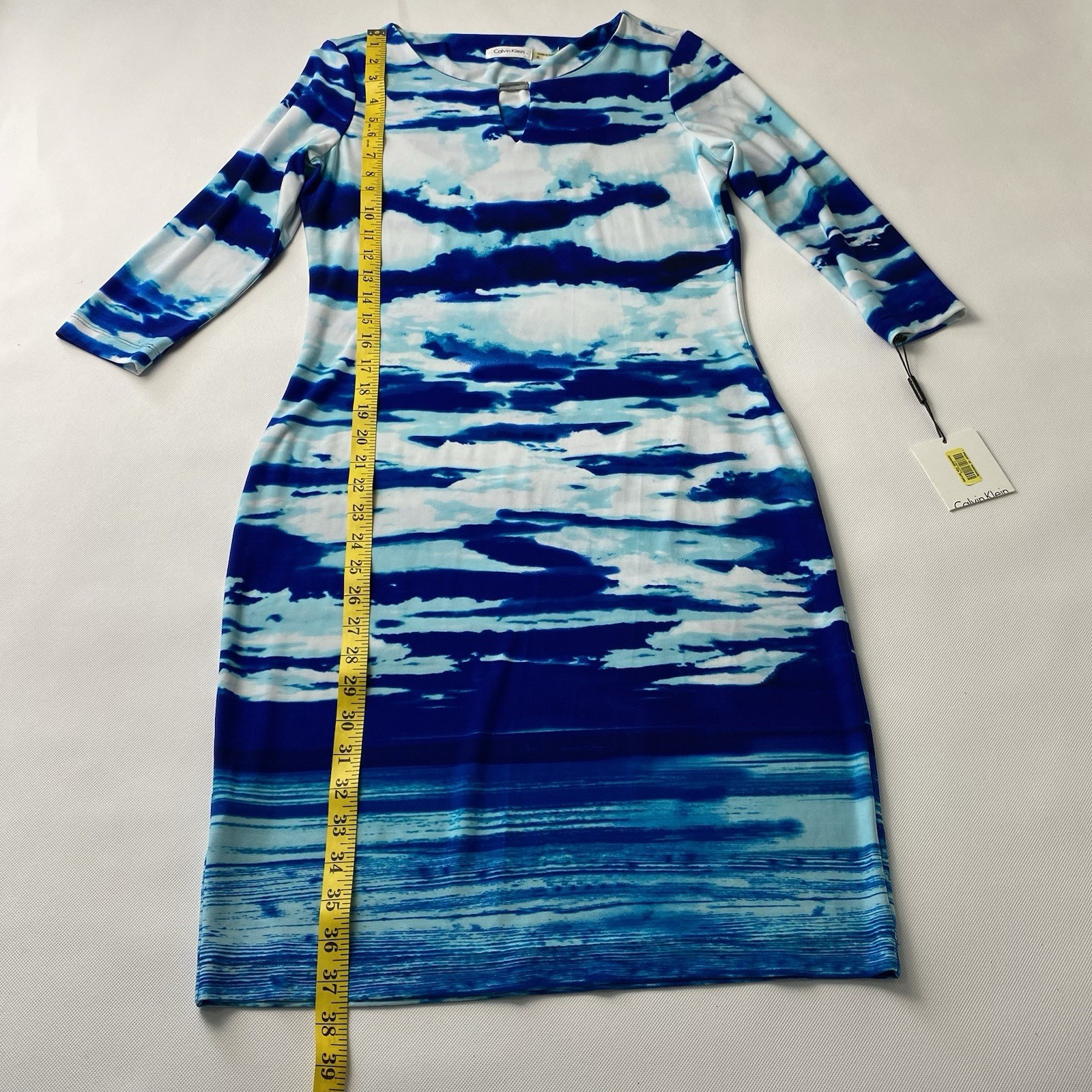 NWT Calvin Klein Sheath Dress Womens Size 6 Blue White Abstract Knee Length thumbnail 13