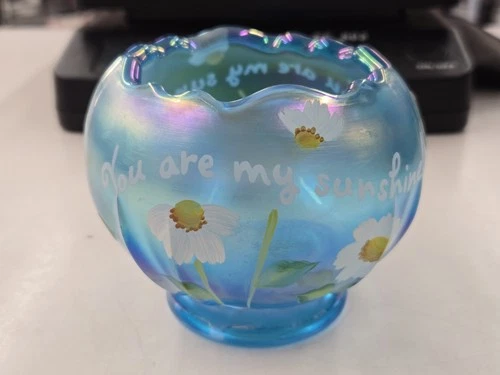 Fenton Art Glass You Are My Sunshine Flower Floral Bowl Blue Hand Painted Signed