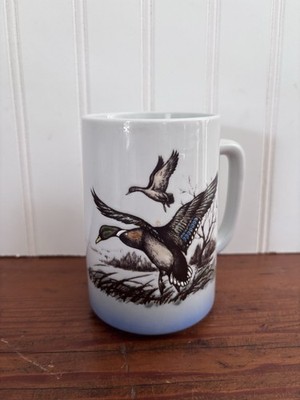 Vintage Otagiri Flying Mallards Ducks Mug White Blue Brown Coffee Tea Hunting
