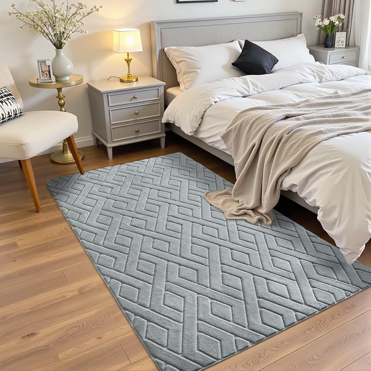 3x5 Grey Washable Area Rug for Bedroom, Modern Geometric Shag Non-Slip Living...