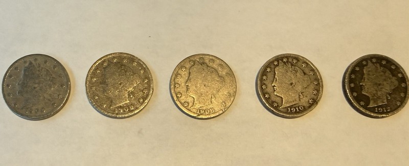 Lot of 5 Liberty V Nickels 5C With Cents (1900, 1906, 1908,1910, 1912) Circ