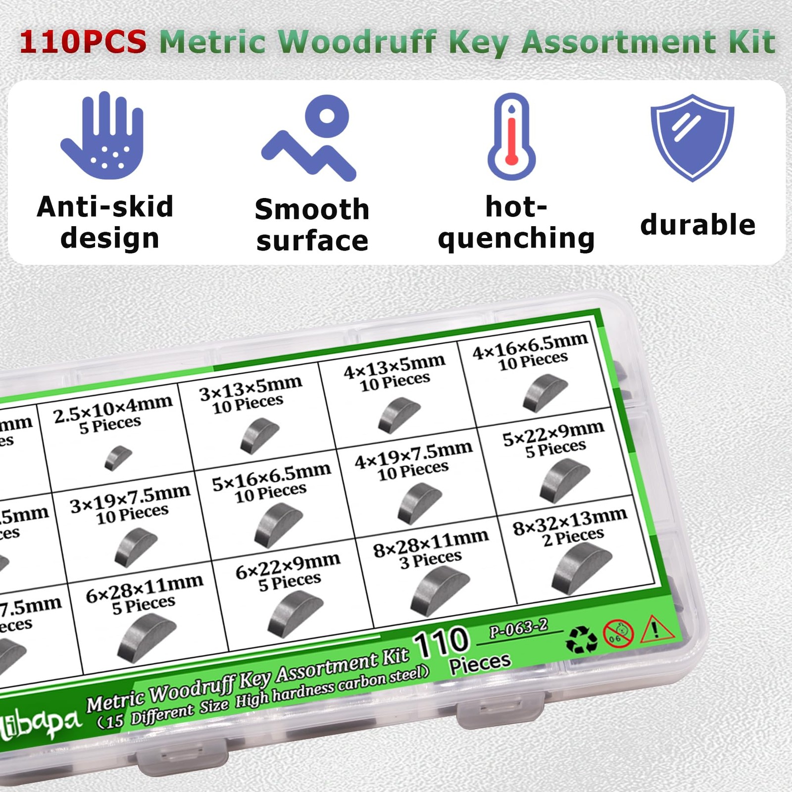 110PCS Metric Woodruff Key Assortment Kit, 15 Sizes Carbon Steel Woodruff-Key