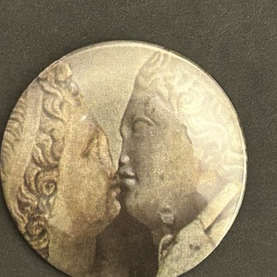 Kissing Statue Print Button Pin 2 1/4in Stone Art Love Romance