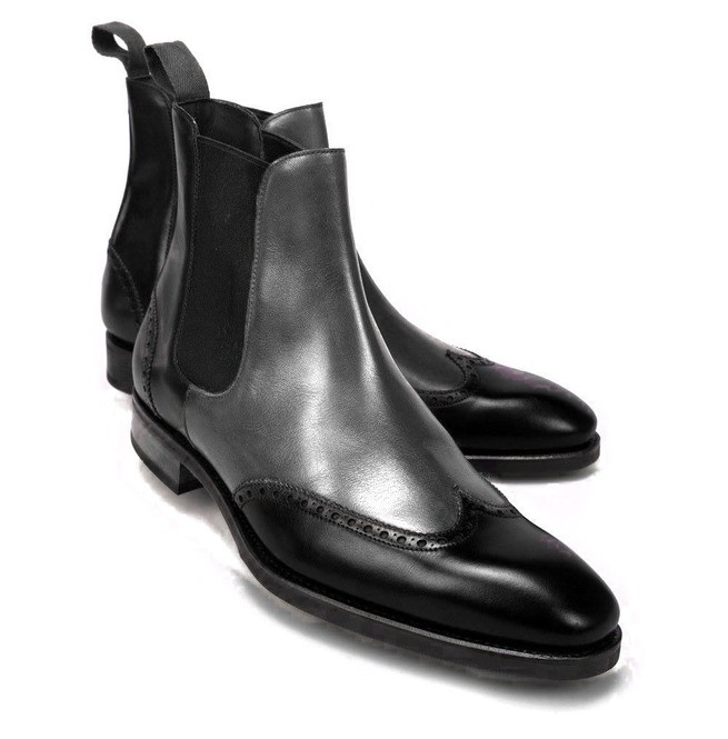 Handmade Mens two tone wingtip ankle leather boots, gray and black Chelsea boots image 4