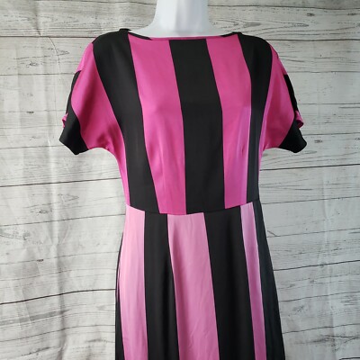 pink dress with black stripes Entro Pink Stripe Scalloped Mini Dress with Red Trim, L / Pink