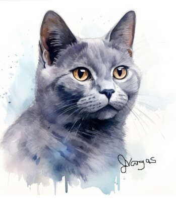 Watercolor Chartreux Cat Art Print 8x11 inch