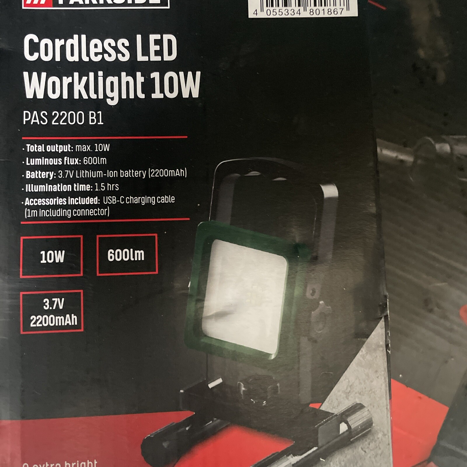 Parkside 10W Cordless LED Work Light IP54 Rechargeable Size 21.7x12x13.5cm USB-C