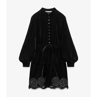 ZARA NEW FW21 VELVET EMBROIDERED DRESS WITH BELT BLACK | S - XXL | 2731/353  | eBay