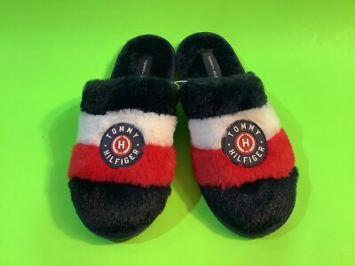 TOMMY HILFIGER Women s Slippers Faux Fur Size SMALL (5-6) Blue w/Red, White NEW