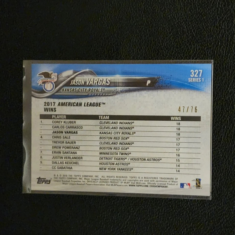 JASON VARGAS 2018 TOPPS LEAGUE LEADERS 327 SERIES 1 ROYALS # 47/76 - Image 2 of 2