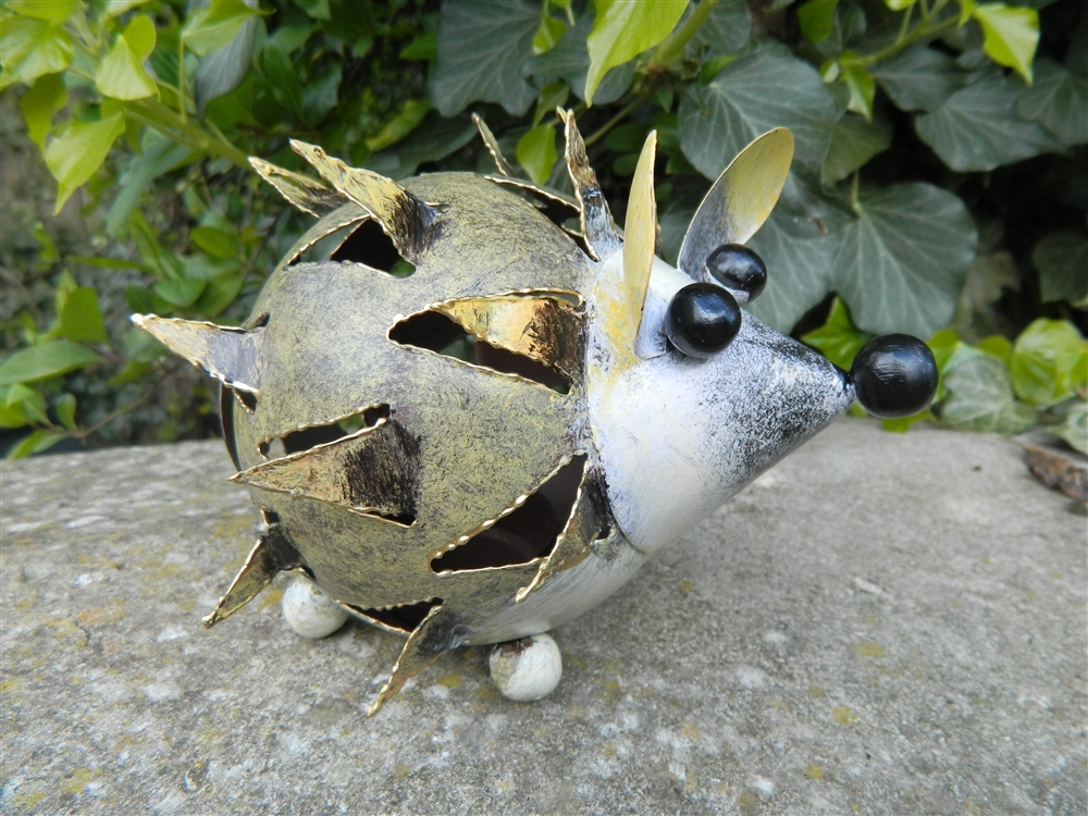 Metal Hedgehog Garden Ornament Tea light Metal Standing Lantern - Hedgehog