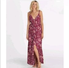 Billabong Floral Maxi Dress Plum V Neck Sleeveless Split Slit XS