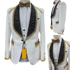 Men White Tuxedo with Beaded Shawl Lapel Crystal Suit Jacket Sophisticated