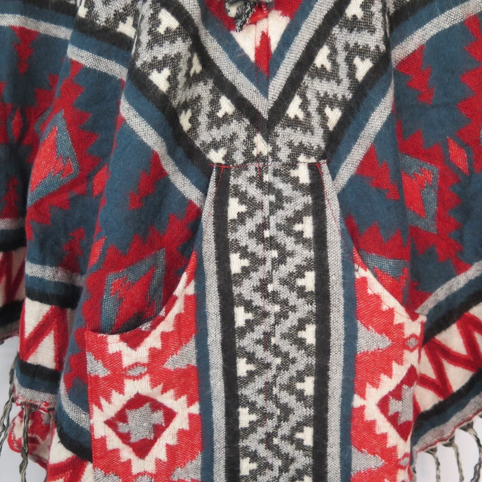 Poncho|2 Botones| Flecos| Capucha+Bolsillo | Boho | Azteca | Mezcla de Lana Yak|1 Talla| Verde azulado Foto 4 de 4