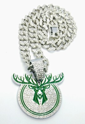 MILWAUKEE BUCKS GEM NECKLACE Silver Bling Basketball Hip Hop Pendant 20'' Chain