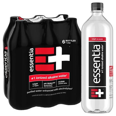 Essentia Bottled Water, 1 Liter, Pack of 6 Bottles; 99.9% Pure,Ionized Alkaline,