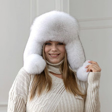 White Real Arctic Fox Fur Trapper Hat with Ear Flaps, Winter Women's Hat