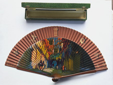1930's hand fan artist signed Tejero 1932 Sevilla Spain w/original box EXCELLENT