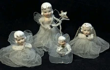 Vtg Set of 4 Holt Howard Christmas Angel Porcelain Tulle Mesh Topper Ornament