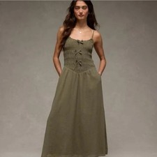 American Eagle Bella Bow Midi Dress Olive Green Small Spaghetti Strap Smocked