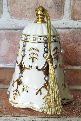 Campanella natalizia vintage 2003 Lenox fiorentina e perle elegante nuova con scatola - Foto 6 di 19
