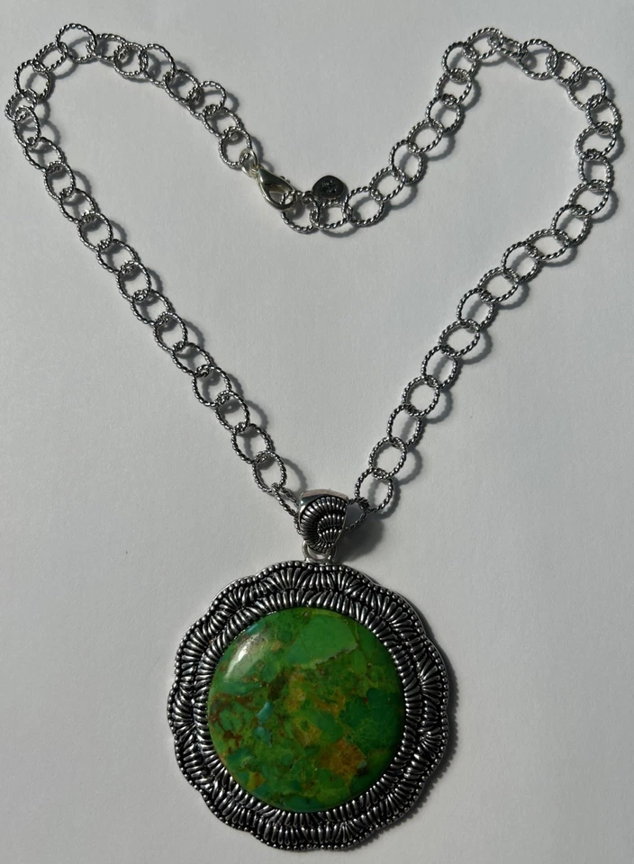 Barse Thailand Green Turquoise Pendant Necklace 18” Rope Link Adjustable; Silver - Image 2 of 4