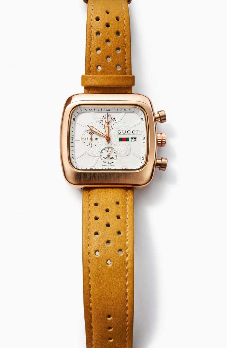 GUCCI スクエア ゴールド インターロッキング レディース腕時計 1551 Gucci Chronograph Square Rose Gold Case White Dial Brown Leather