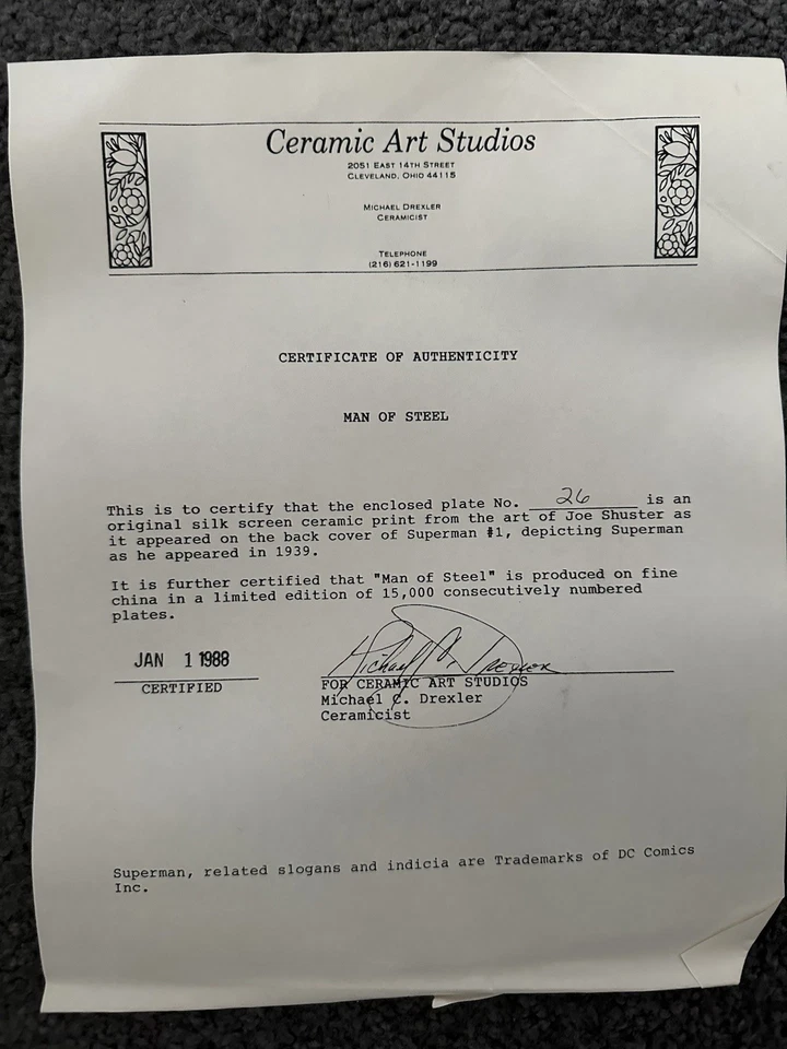 Superman “Man Of Steel” Ceramic Plate # 26 - Image 3 of 4