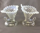 Vintage Pair of Fenton Opalescent Hobnail Blue-Tinged Cornucopia Candle Holders