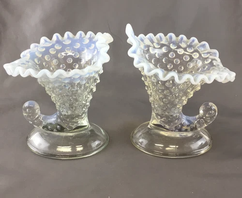 Vintage Pair of Fenton Opalescent Hobnail Blue-Tinged Cornucopia Candle Holders