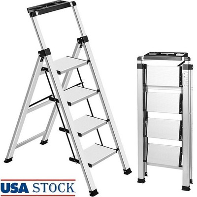Aluminum Step Ladder W/ Retractable Handgrip Anti-Slip Multi-Use Home Garden