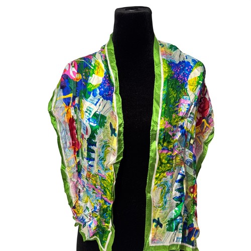 Michael Leu 100% Silk Scarf Green Multi Impressionist Cafe Art 24x10.5
