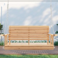Image of Porch Hanging Swing Chair Wooden Garden Swing Bench W/ Cup Holders 2-Person