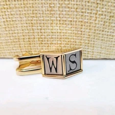 Vtg Hickock USA Mini Box Letters W S Monogram Gold Black Tone Tie Clip