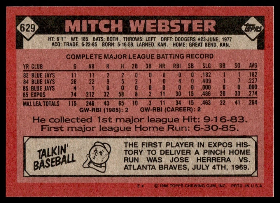 1986 Topps Mitch Webster Rookie Montreal Expos #629 - Image 2 of 2