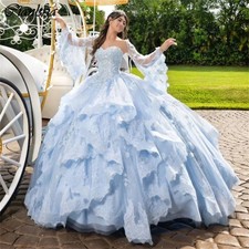 Charming Light Blue Sweetheart Ruffles Ball Gown Off the Shoulder Appliques Lace