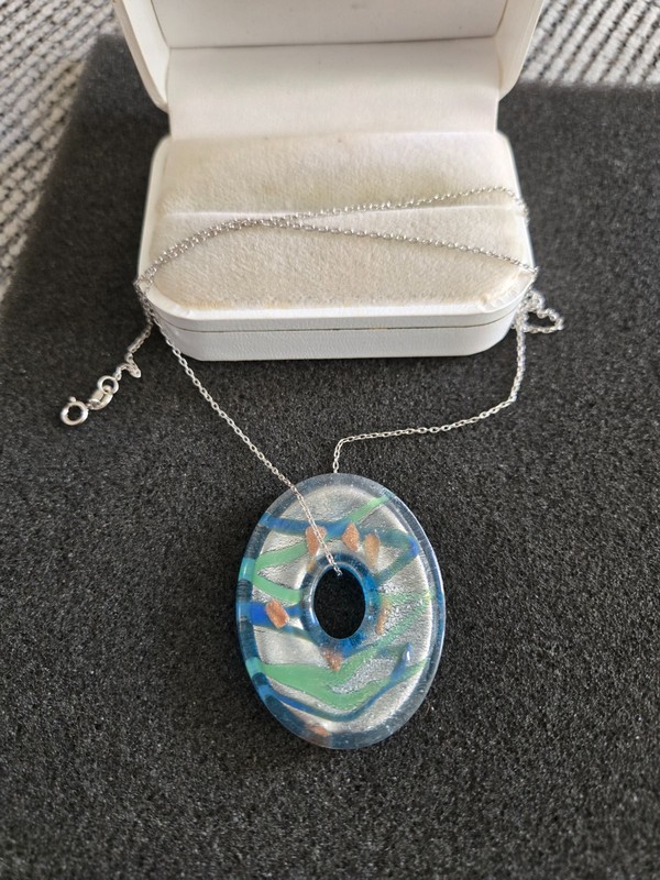 Sterling Silver Italy 925 Chain Necklace w Large Donut Shape Glass Pendant NICE