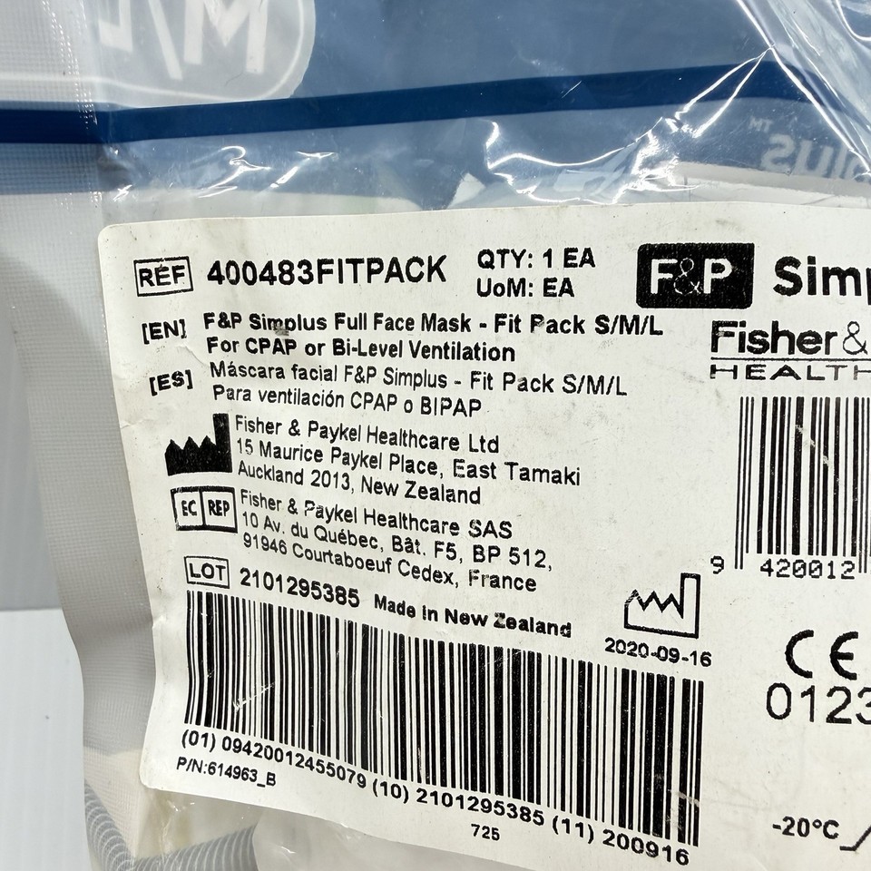 F&P Simplus Full Face Mask-Fit Pack Small Medium Large 400483 Factory ...
