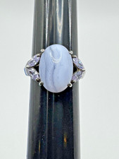 STERLING SILVER 925 BLUE LACE AGATE CABOCHON RING SIZE 6.25 PURPLE MARQUISE OVAL