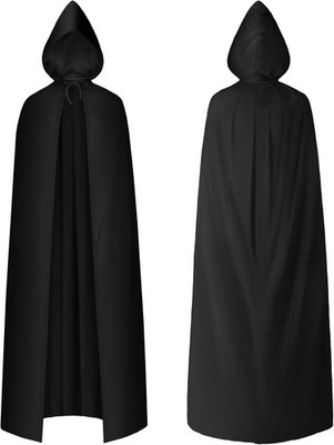 Schwarzer Vampir Umhang mit Kapuze, Halloween Kostüm Cape Satin, Erwachsene