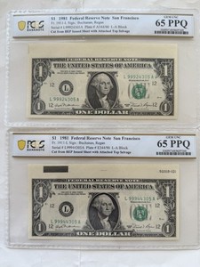 Federal Reserve $1 PCGS 65 PPQ Attached Top Selvage Notes (2 Notes)