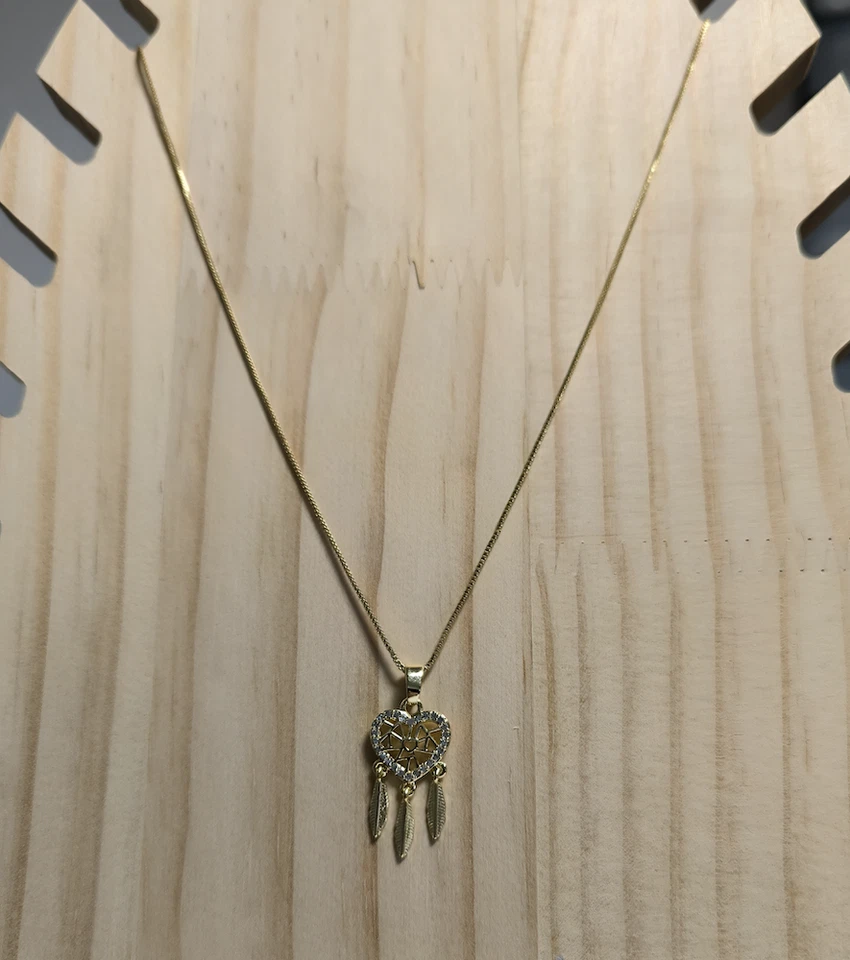 Collier - Femme - Pendentif - Coeur - Attrape Rêve - Plaqué Or Jaune 585/1000 - Photo 2/4