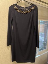 Vince Camuto NAVY Long Sleeve Rhinestone Gems Sheath Lined Dress Sz 6 Formal