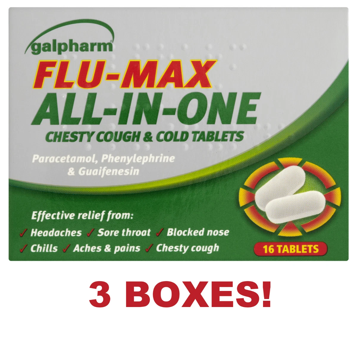 3x Galpharm Flu Max All In One Sore Throat, Chesty Cough & Cold 