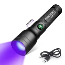 395nm Zoom UV Light Blacklight Rechargeable Tactical LED Flashlight 18650 Lamp